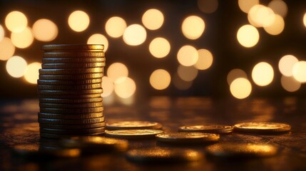 3D casino background with golden coins and poker chips on a table.