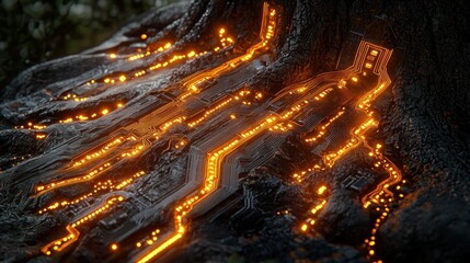 Glowing circuit tree bark, nature tech fusion, digital art background