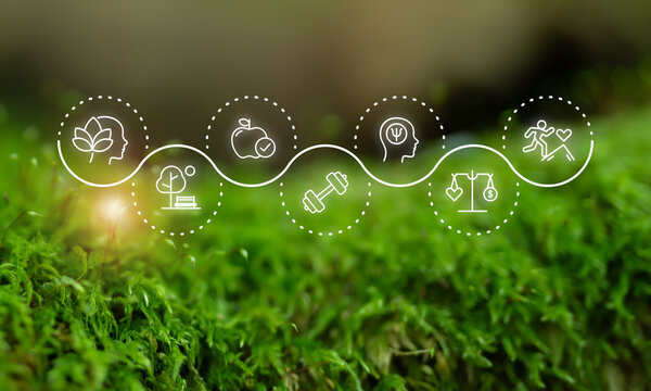 Holistic Wellness Concept. Wellness icons; mental health, nutrition, fitness, mindfulness, financial balance and relaxation on green nature background. Harmony, well-being and balanced lifestyle.