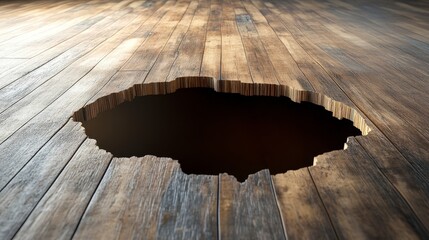 Hole in Wooden Floor Revealing Dark Space Below Surface