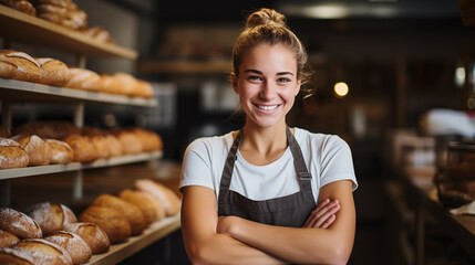 Young woman standing his own bakery shop