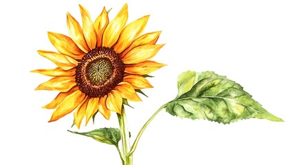 Fototapeta premium Watercolor sunflower illustration with green leaf isolated on white