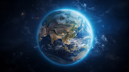 Fototapeta premium Planet Earth with detailed relief and atmosphere. Blue space background with earth and galaxy.
