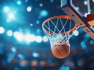 Fototapeta premium Close-up of Basketball Hitting the Net in a Bright Arena