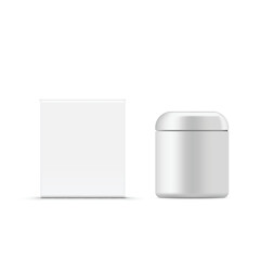 Blank White Box with Cosmetic Cream Jar or Nail Polish Bottle Mockup Vector illustration