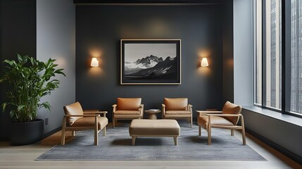 Modern Waiting Room Interior Design: Tan Leather Chairs, Gray Walls, Landscape Art, Natural Light, Minimalist Style, Office Decor
