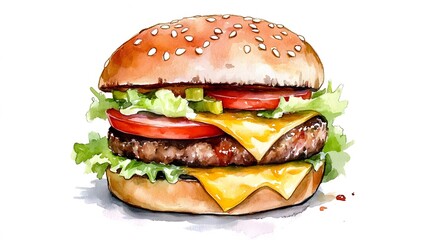 Watercolor illustration of a double cheeseburger with fresh vegetables