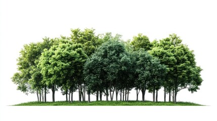 Lush green trees on a hill, isolated on white, nature backdrop