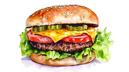 Watercolor painting of a delicious looking hamburger with fresh ingredients