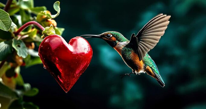 Hummingbird Hovering Over Heart Flower