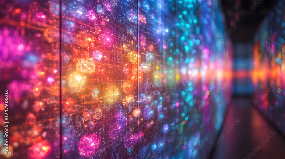 Poster fractals in geometry displayed on a wall with bright colorful lights illuminating abstract patterns 
