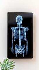 X-ray image of a human skeleton on display.