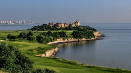 Obraz premium Coastal Landscape With Buildings On Peninsula
