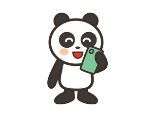 楽しそうに笑顔でスマホを見るかわいいパンダのイラスト