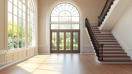 Obraz premium Elegant Foyer with Grand Staircase: Light-Filled Entryway, Hardwood Floors, Large Windows, and Classic Interior Design