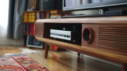 Fototapeta premium TV Stand: A TV stand holds your television and offers practical storage with shelves or compartments for media devices, DVDs, and other entertainment essentials. 