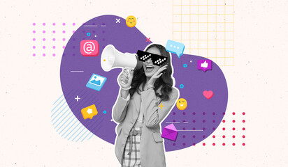A woman holding megaphone surrounded by social media icons, Social media marketing concept, News spreading, Online communication, Contemporary art collage, Beige paper background