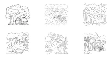 Set of forest background line art with house on white background