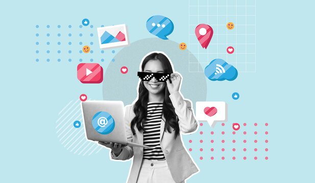 A woman holding labtop surrounded by social media icons, Social media marketing concept, Influence, Blogging, Online communication, Contemporary art collage, Blue background