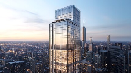 Obraz premium Modern glass skyscraper at sunset, overlooking a sprawling city skyline.