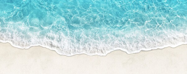 A serene beach scene showcasing gentle waves lapping at a sandy shore, with vibrant turquoise water blending into the light sand.
