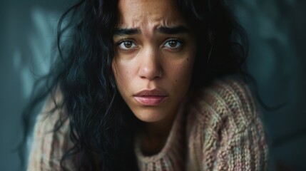Fototapeta premium Fearful: The expression of fear is shown through wide eyes, raised brows, and slightly open lips, indicating anxiety or concern over an impending threat. 