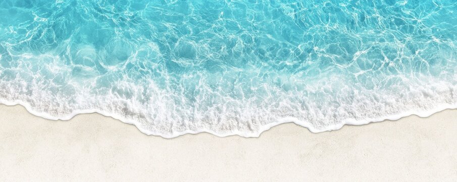 A serene beach scene showcasing gentle waves lapping at a sandy shore, with vibrant turquoise water blending into the light sand.