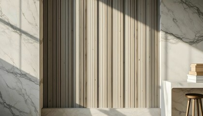 Detailed Shot of a Wall Clad in Light Wood Strips, Flanked by Marble Surfaces,