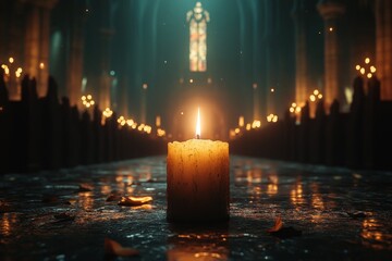 Candlelight in Gothic church, petals scattered, stained glass background;  religious ceremony