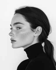 Elegant black and white portrait of a youthful woman with freckles and sleeked back hair, showcasing intense beauty and a sense of mystery within a minimalist and professional artistic composition.