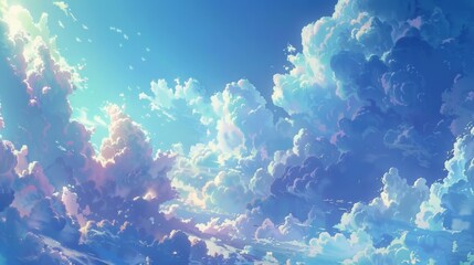 Obraz premium Fluffy Clouds: These soft, fluffy clouds, formed from water vapor, float gently in the sky, creating picturesque shapes and a calming atmosphere that soothes the soul. 