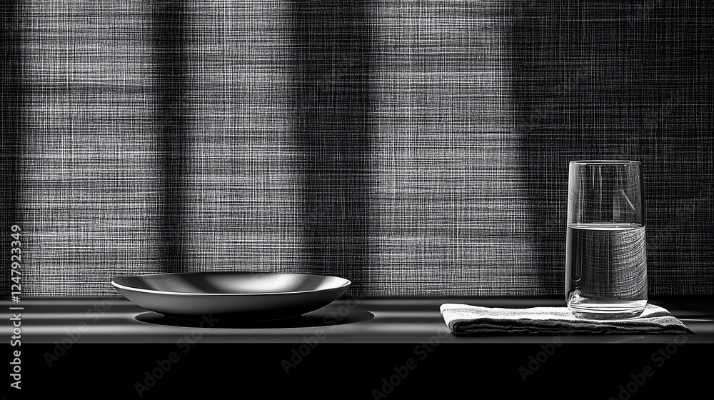 Poster sunlight streams through blinds onto empty dish and glass of water on table; minimalist still life