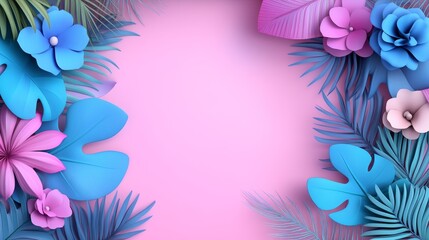 Obraz premium PastelFloralFrameTropicalLeavesPinkBackgroundPaperFlowersSummerVibesWeddingDesignElegantInvitation