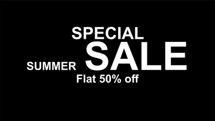 Obraz premium Flat sale, 50% flat discount offer in summer season, discount banner, poster, with plain black background, Special sale for summer 50% off