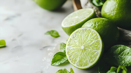 Juicy limes, mint leaves, marble background. Food recipe, blog