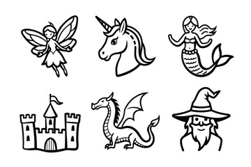 A set of hand-drawn fantasy and mythical icons, including a fairy, unicorn, mermaid, castle, dragon, and wizard, in black outline style