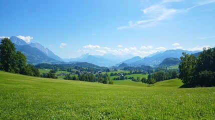 Obraz premium Serene Alpine Meadow Landscape: Breathtaking View of Majestic Mountains and Lush Green Fields under a Clear Blue Sky