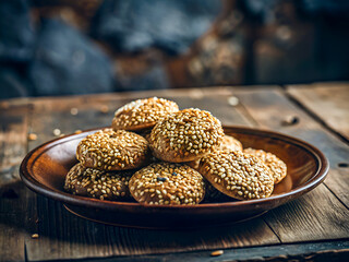 Delicious a plate of rice cookies with sesame seeds on a wooden table. Tasty Food background