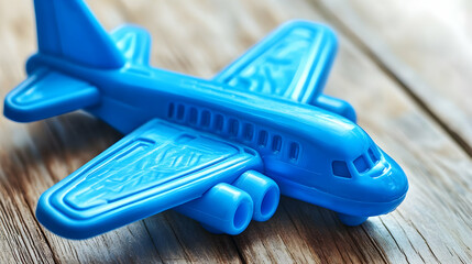 Blue toy airplane on wooden surface. Travel dreams