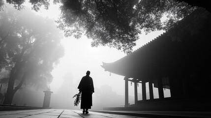 A low-angle shot of a Shinto priest carrying a sacred sakaki branch, walking towards the main shrine hall, soft morning mist creating an ethereal effect