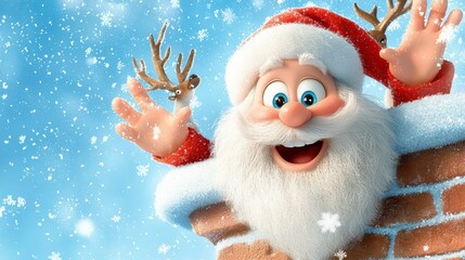 Santa claus celebrating christmas cozy chimney animated character winter wonderland cheerful viewpoint holiday spirit
