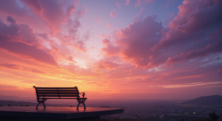 a vibrant landscape photograph featuring a stunning sunset sky with dramatic, swirling clouds in shades of purple, pink, and orange.