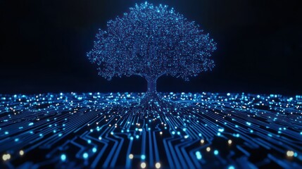 Glowing digital tree on circuit board; tech growth