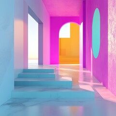 Vibrant Modern Architecture with Colorful Shapes and Light Effects
