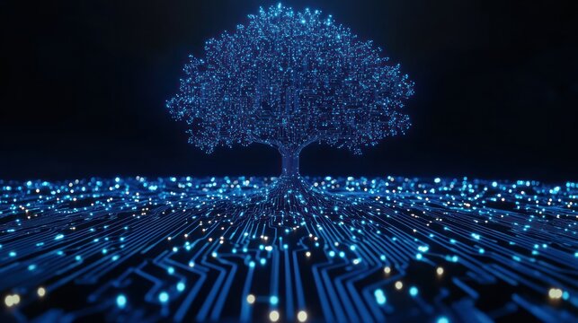 Glowing digital tree on circuit board; tech growth - Powered by Adobe