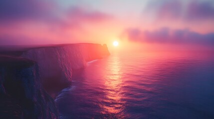 Dreamlike vistas coastal cliffs at sunset soft foc with vibrant colors and dramatic skies reflecting on the water