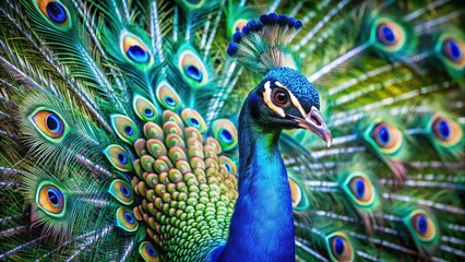 Obraz premium Majestic Peacock Train, Stunning Bird Feathers, Colorful Peacock Display, Indian Peacock, Wildlife Photography, Bird Photo