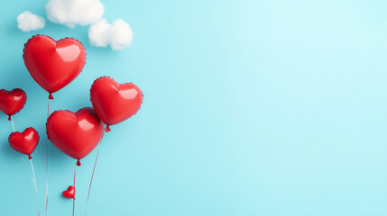 A group of red heart-shaped balloons floating with a background of a bright blue sky and white clouds, creating a romantic and joyful atmosphere with plenty of copy space for personalization.