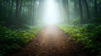 Obraz premium Dreamlike a foggy forest path with soft light filtering through trees creating an enchanting atmosphere in nature