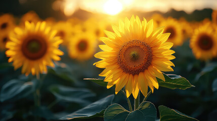 Obraz premium Vibrant sunflowers bask in golden sunset light, creating a picturesque summer field scene.